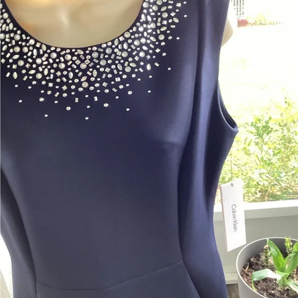 Calvin Klein Navy Blue and Crystal Embellished Short Sleeve Dress NWT SZ 12 - Picture 3 of 10